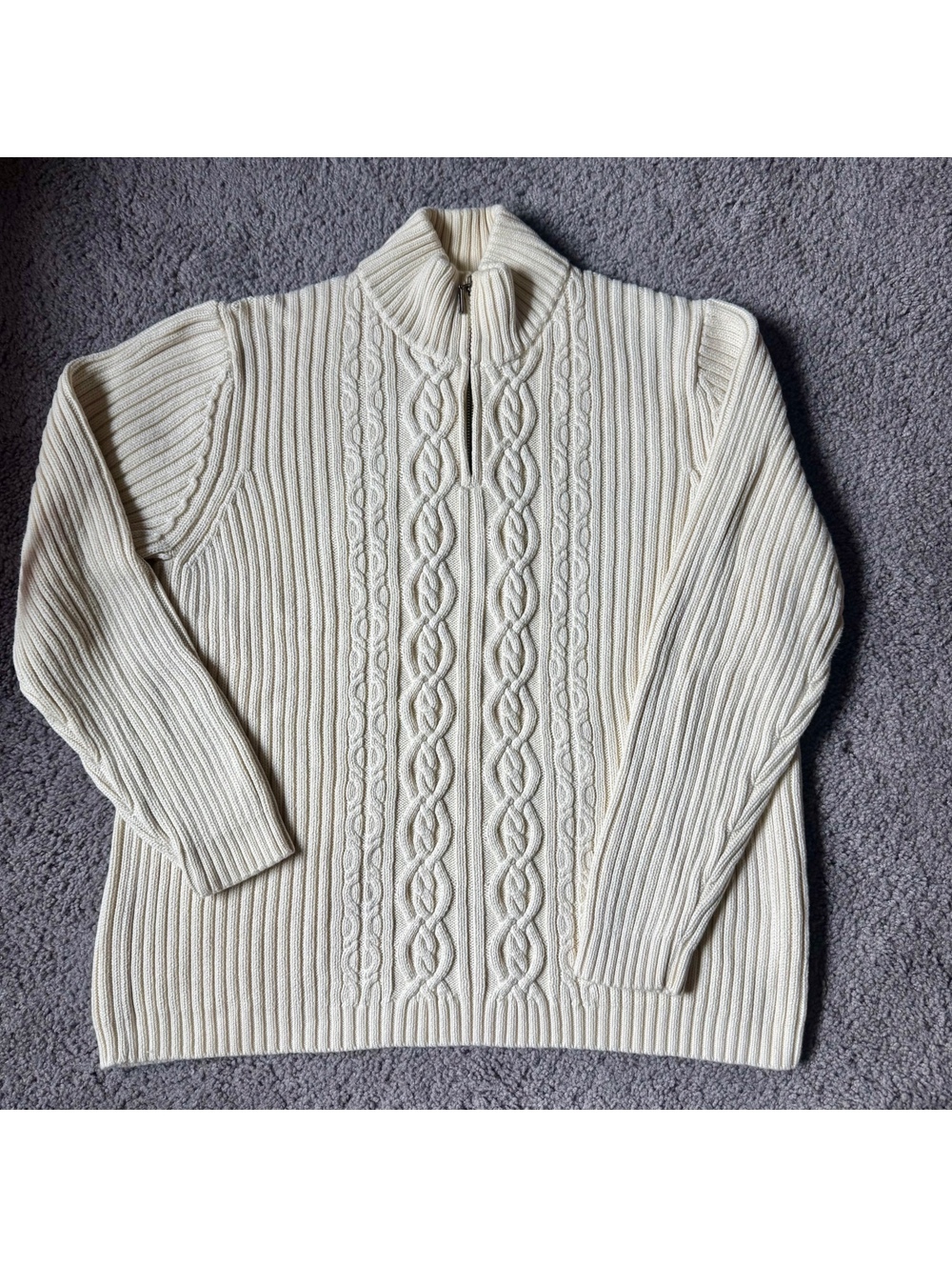 Lands' End Cream Cable Knit Half-Zip Sweater, Size Large